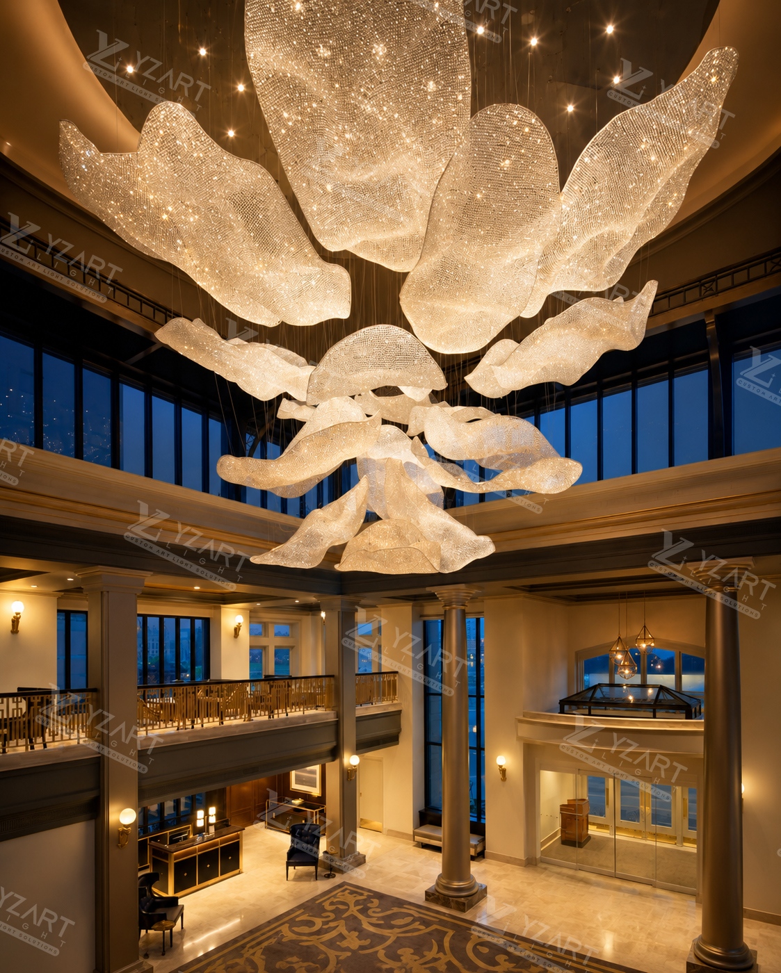 Custom Large Floating Petal Mesh Chandelier for Luxury Hotel Lobby and Grand Atrium