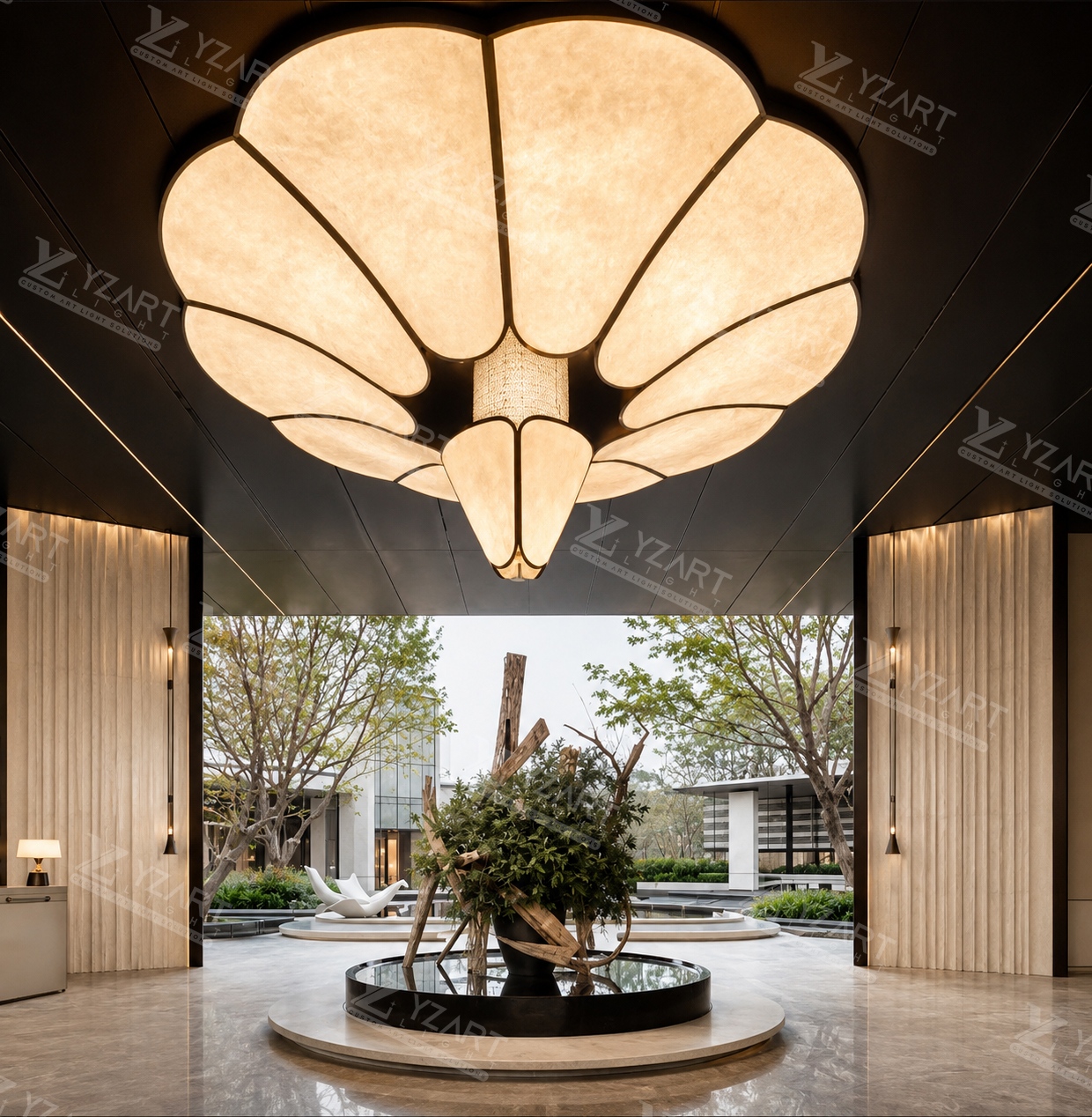 Custom Large Flower-Shaped Faux Alabaster Chandelier for Luxury Hotel Lobby and Grand Entrance