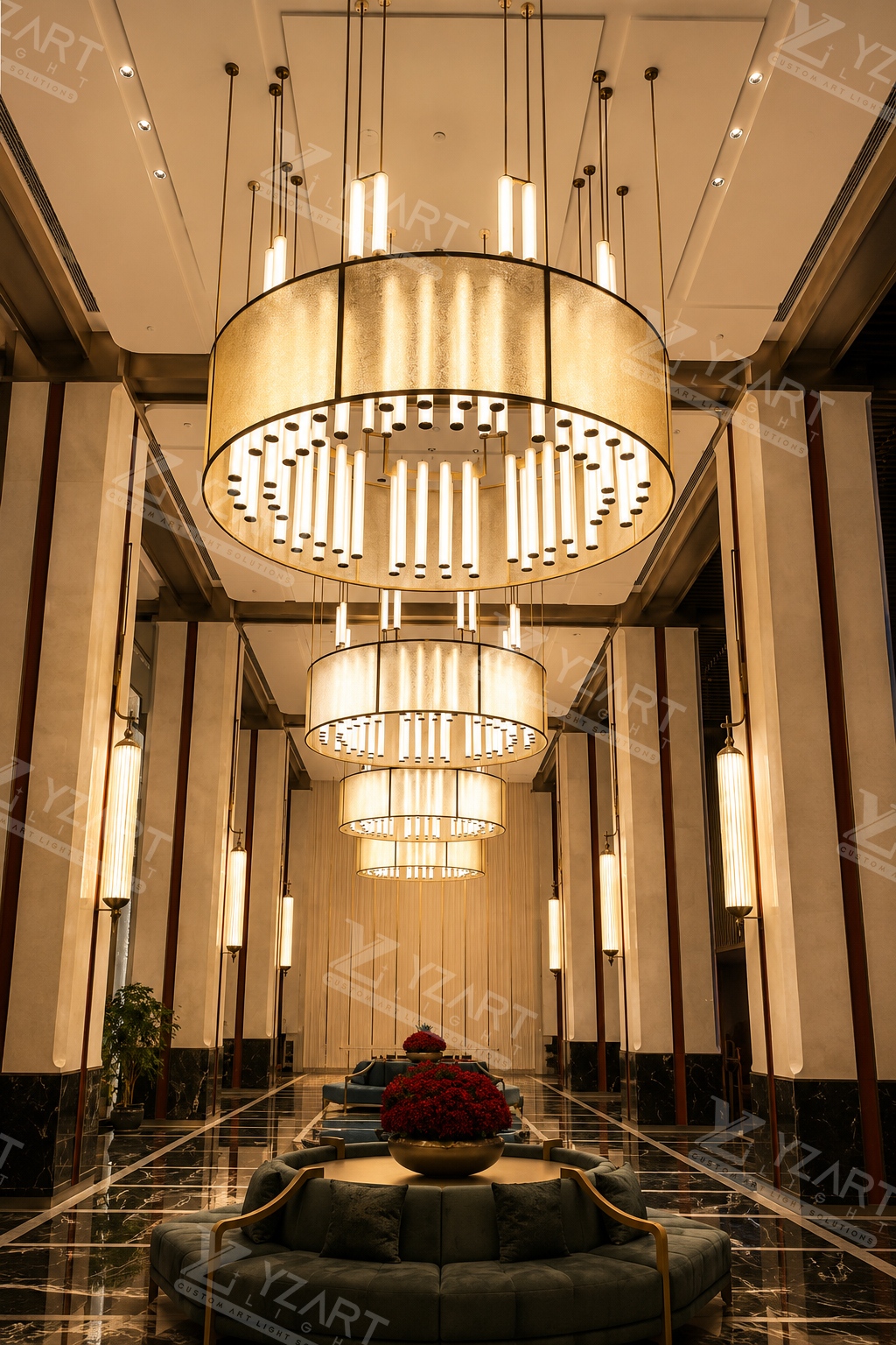 Custom large round glass rod LED chandelier for a high-ceiling hotel lobby and banquet hall