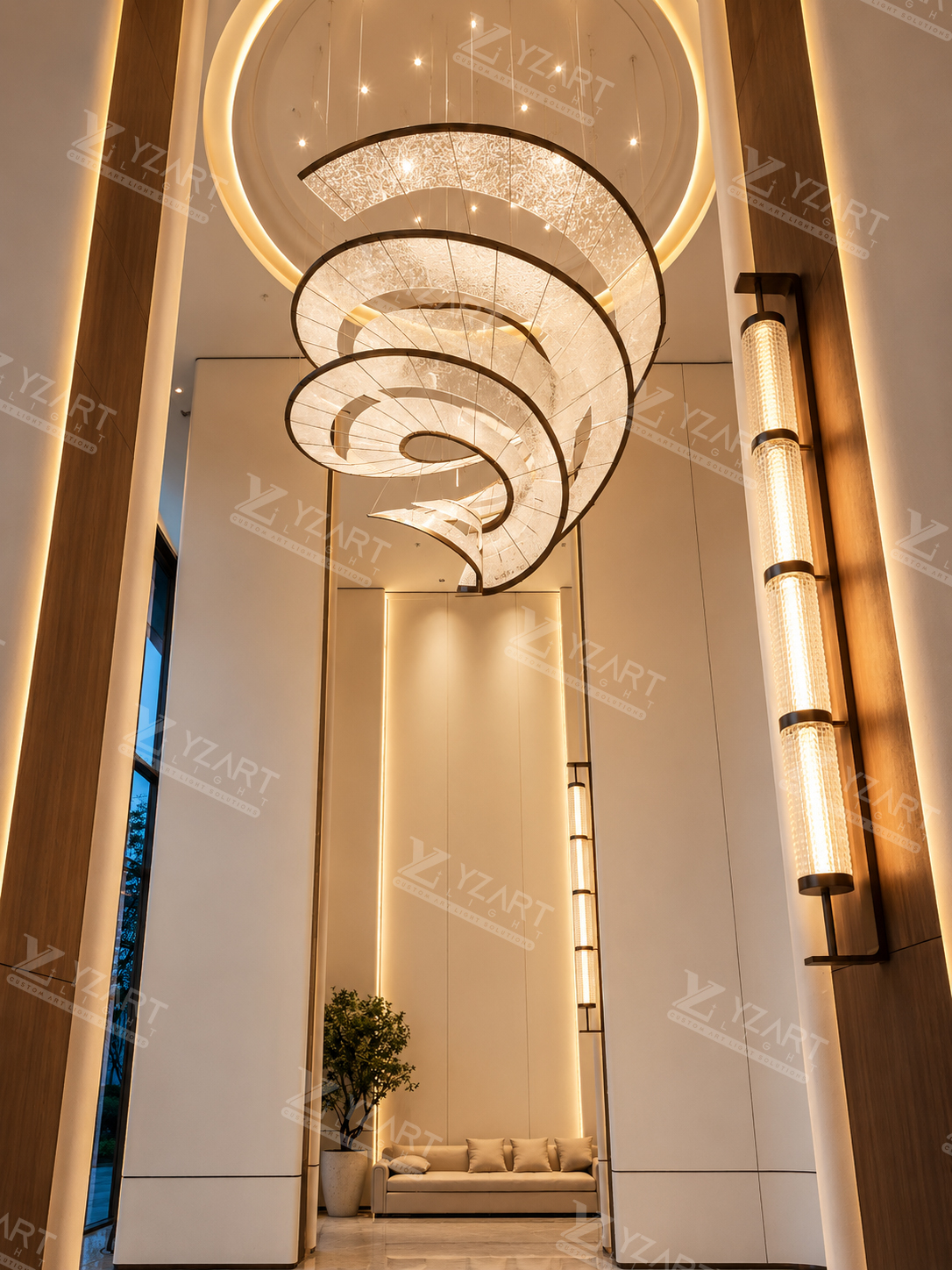Custom Spiral Textured Stainless Steel Chandelier for Luxury Hotel Lobby and Double-Height Entrances
