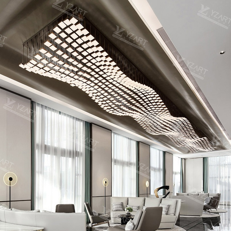 Custom Large Wave-Shaped Square Glass Chandelier for Luxury Hotel Lounge and Clubhouse