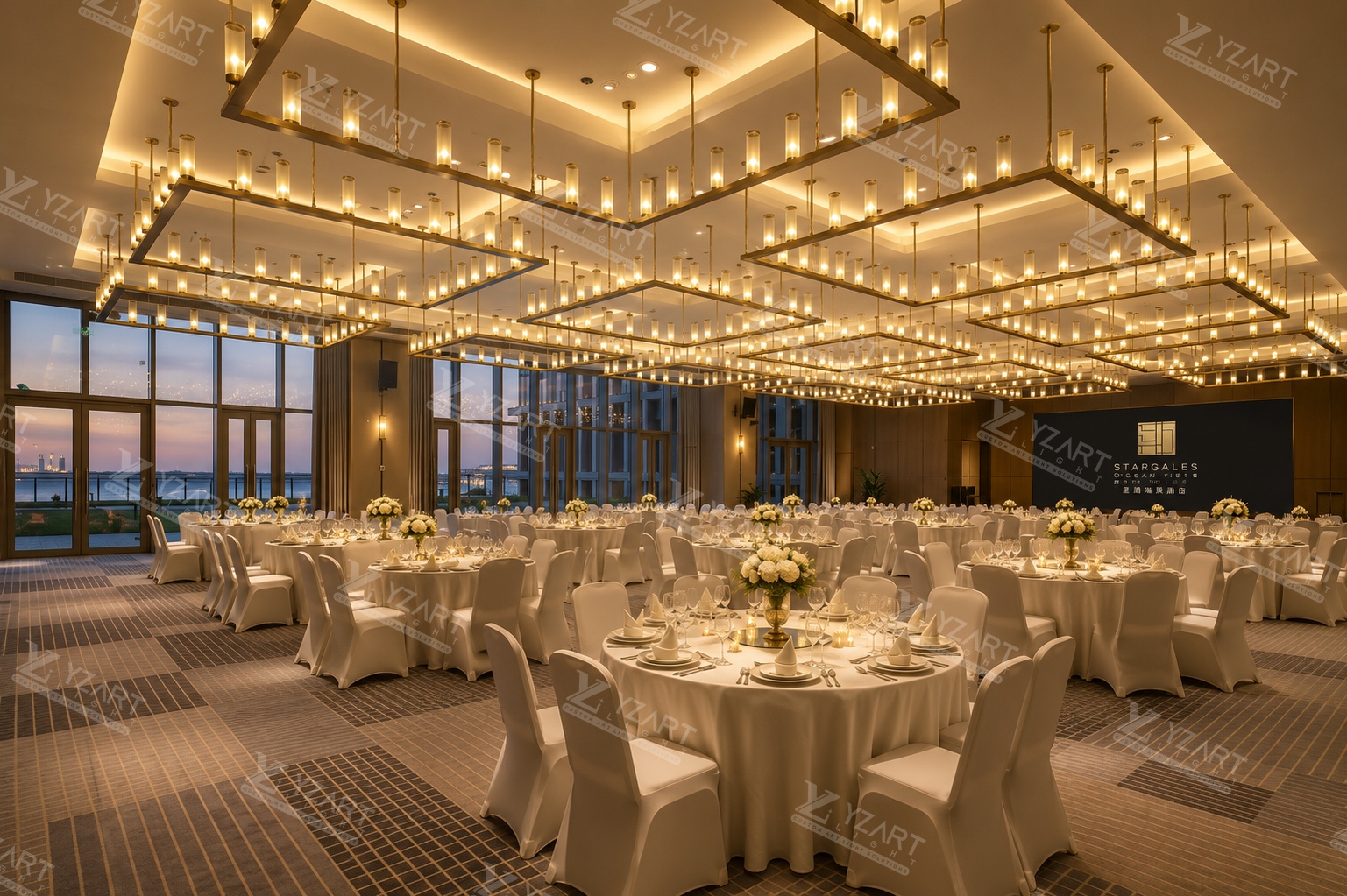 Custom Rectangular Frame Chandelier for Luxury Hotel Ballroom and Banquet Hall
