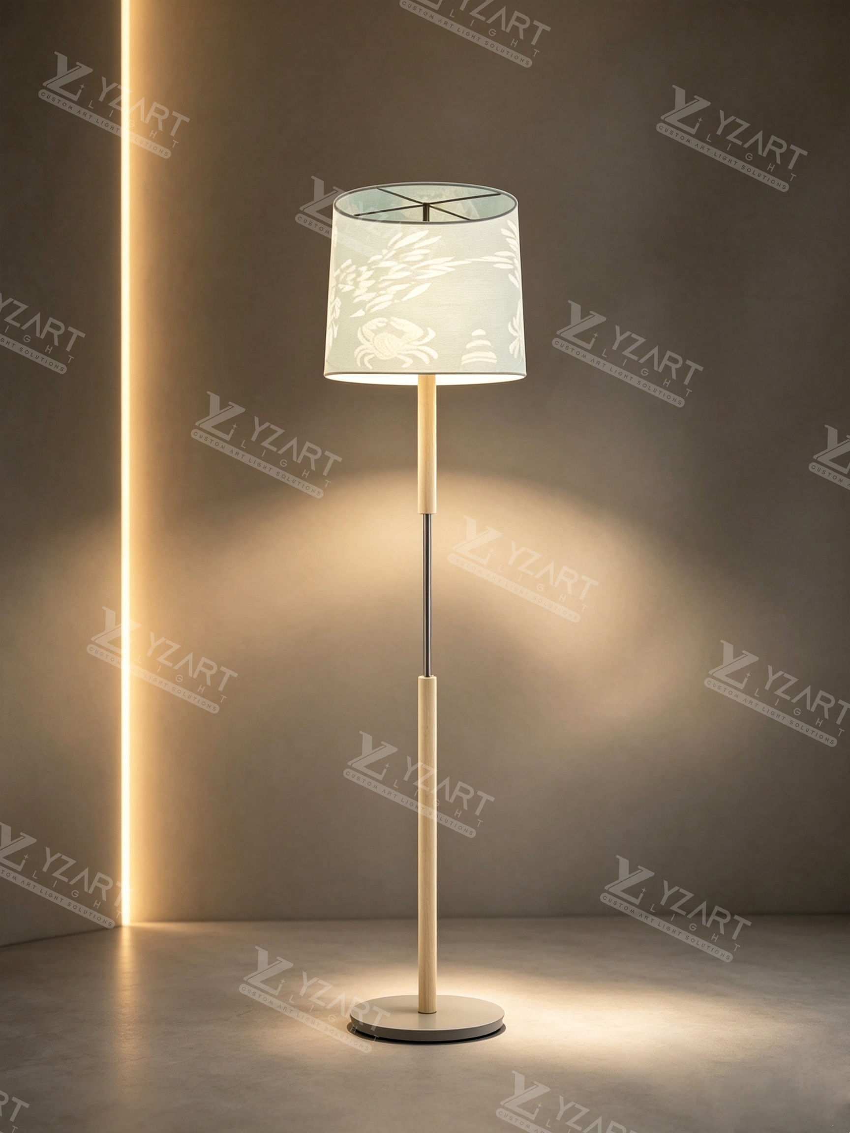 Fabric and metal decorative floor lamp for a resort hotel lounge area in Vietnam