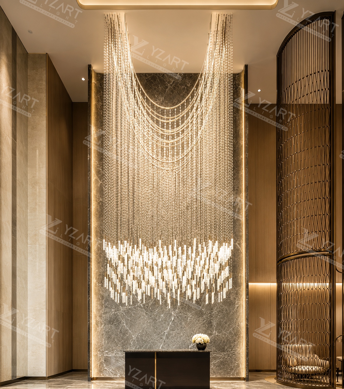 Custom arch-shaped vertical glass tube pendant light for a five-star hotel reception and grand lobby with high ceiling