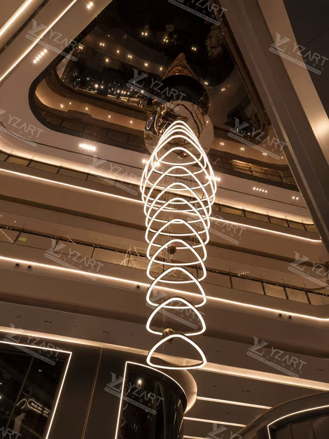 Large Custom Cascading Geometric LED Ring Chandelier for Hotel Atrium, Shopping Mall and High Ceiling Lobby