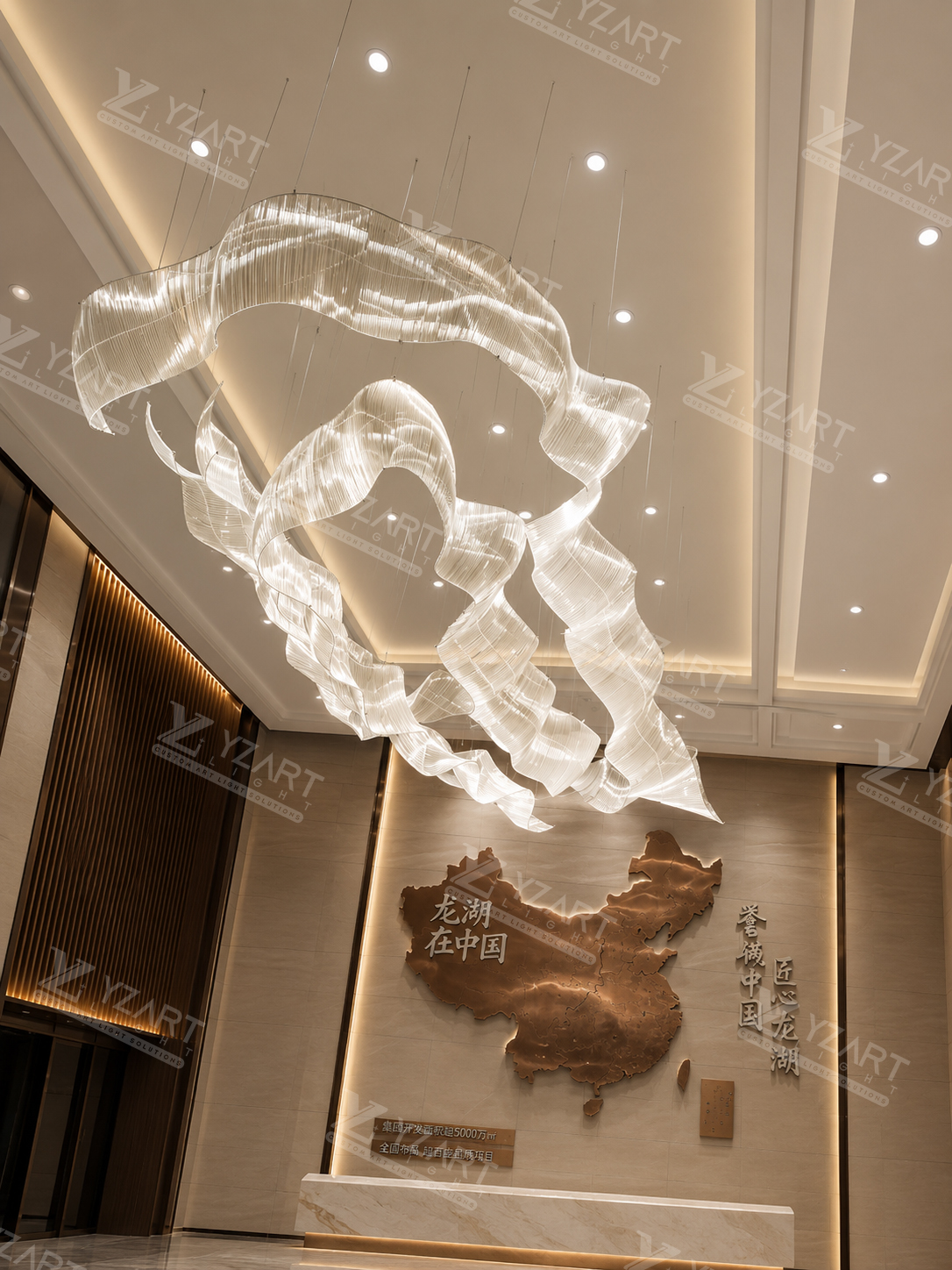 Custom Crystal Ribbon Wave LED Chandelier for Hotel Lobby and High Ceiling Foyers