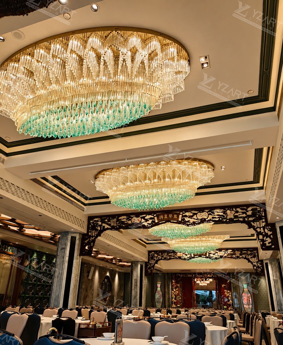Large Custom Gradient Green Glass Crystal Chandelier Gold Frame Long Oval Lamp Chinese Style Hotel Function Hall Decoration Project