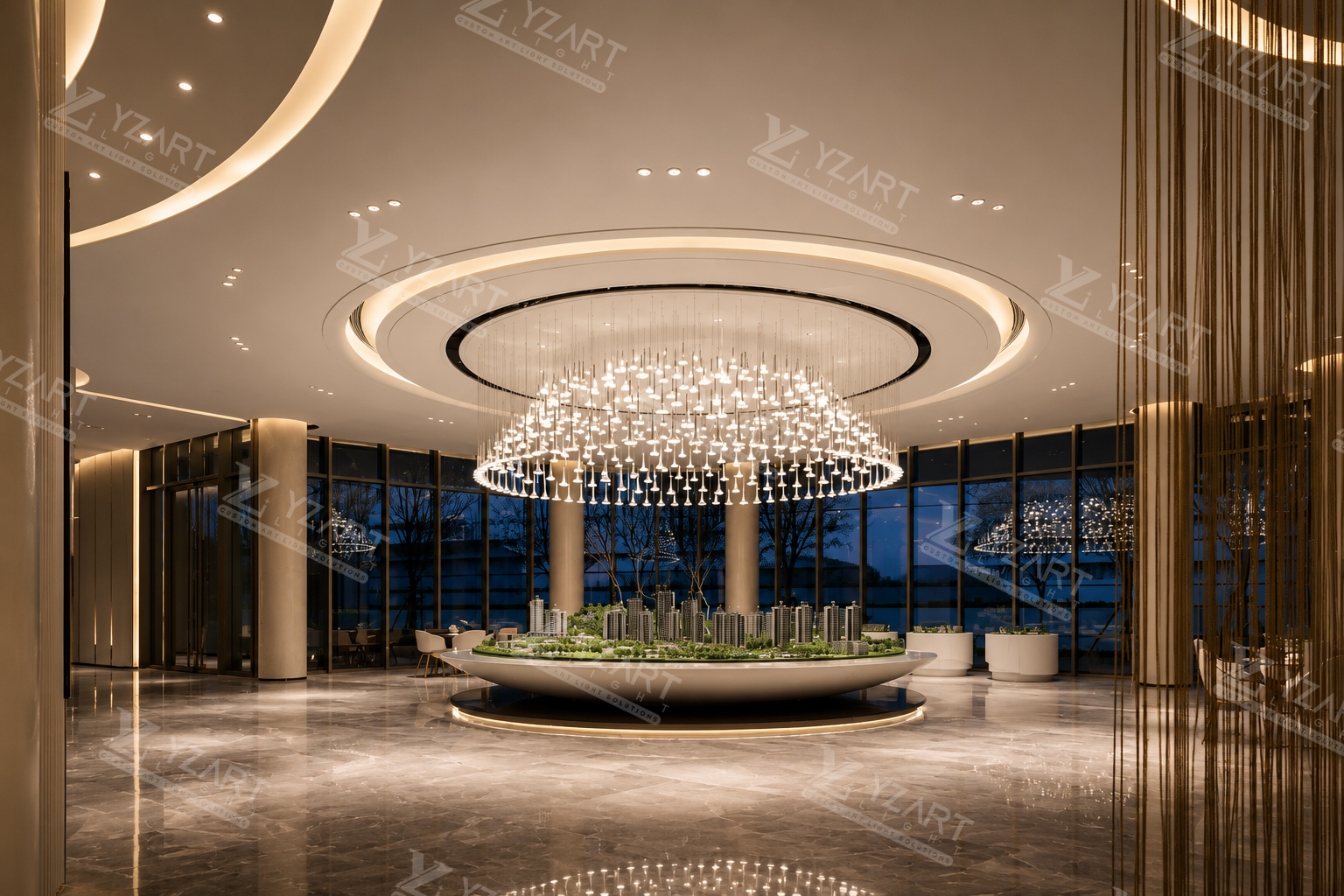 Large Custom Round Cascading SS LED Chandelier for Luxury Hotel Lobby, Sales Center and High Ceiling Hall