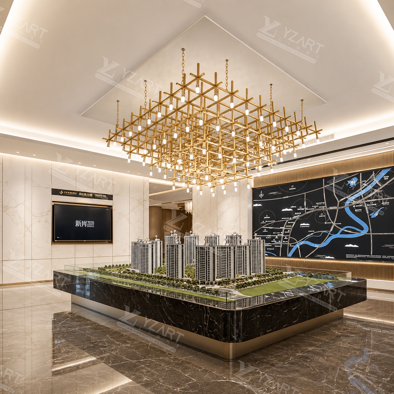 Large Modern Stainless Steel Geometric Grid Chandelier for Luxury Hotel Lobby and Sales Center