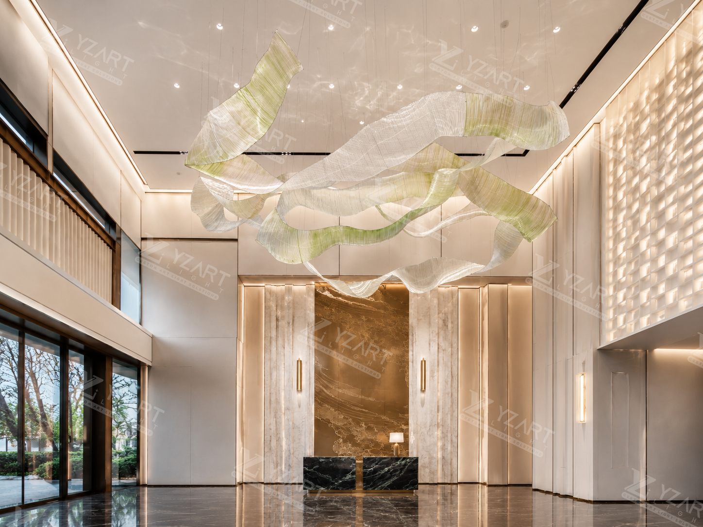 Custom Large Wave Streamer Glass Chandelier for Hotel Atrium and Commercial Sales Centers