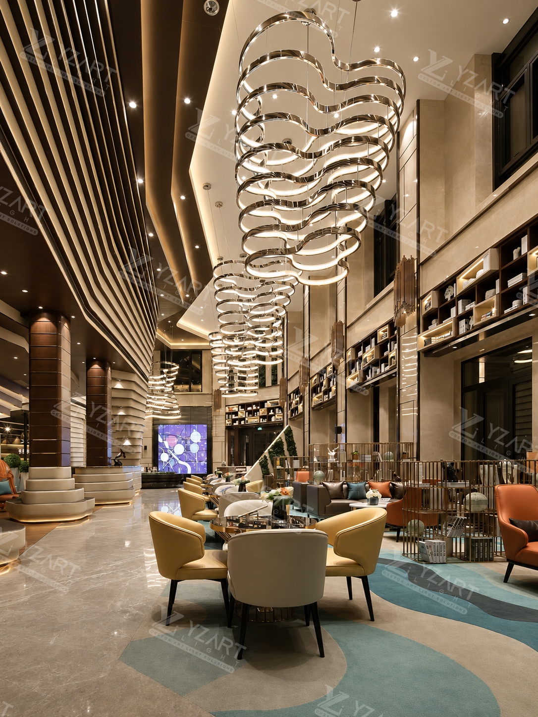 Oversized decorative chandelier installation in a hotel lobby