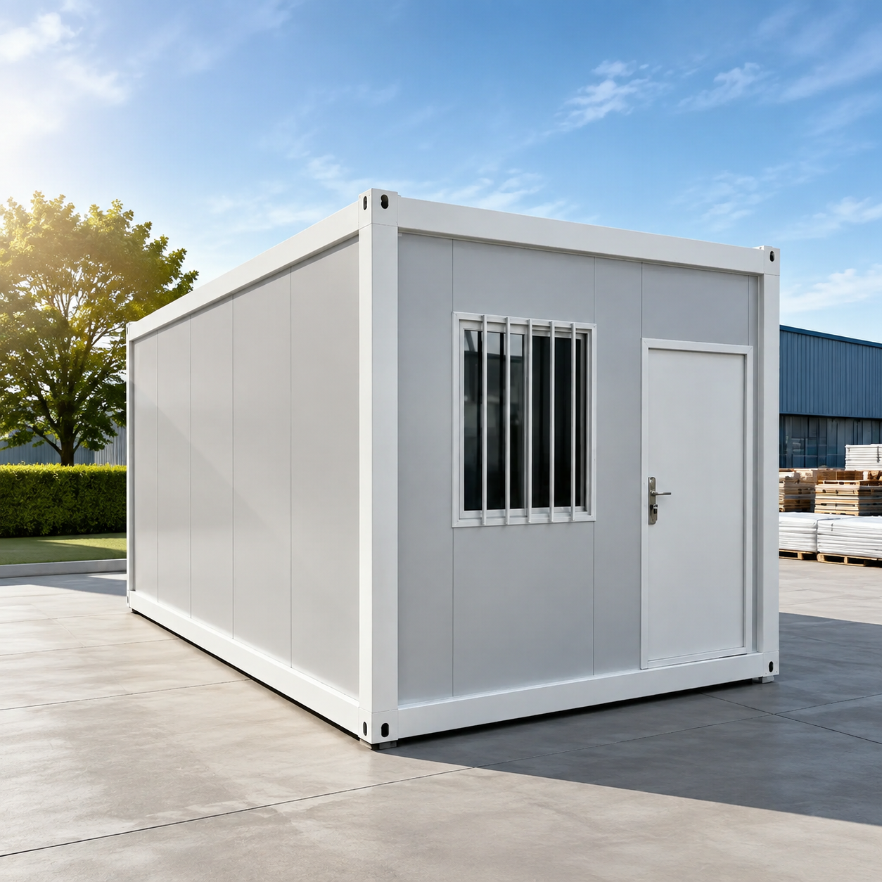 Flat pack container house exterior with stacking capability