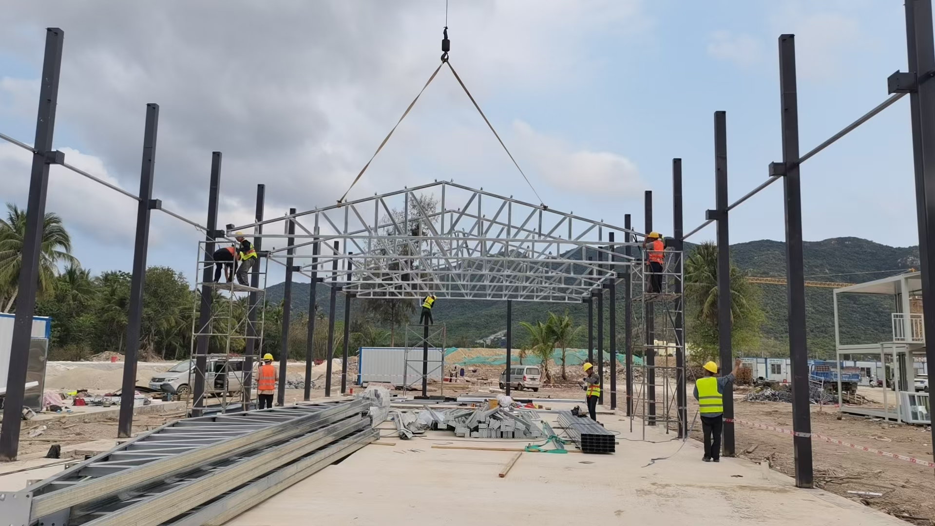 Steel structure workshop interior with crane system industrial use