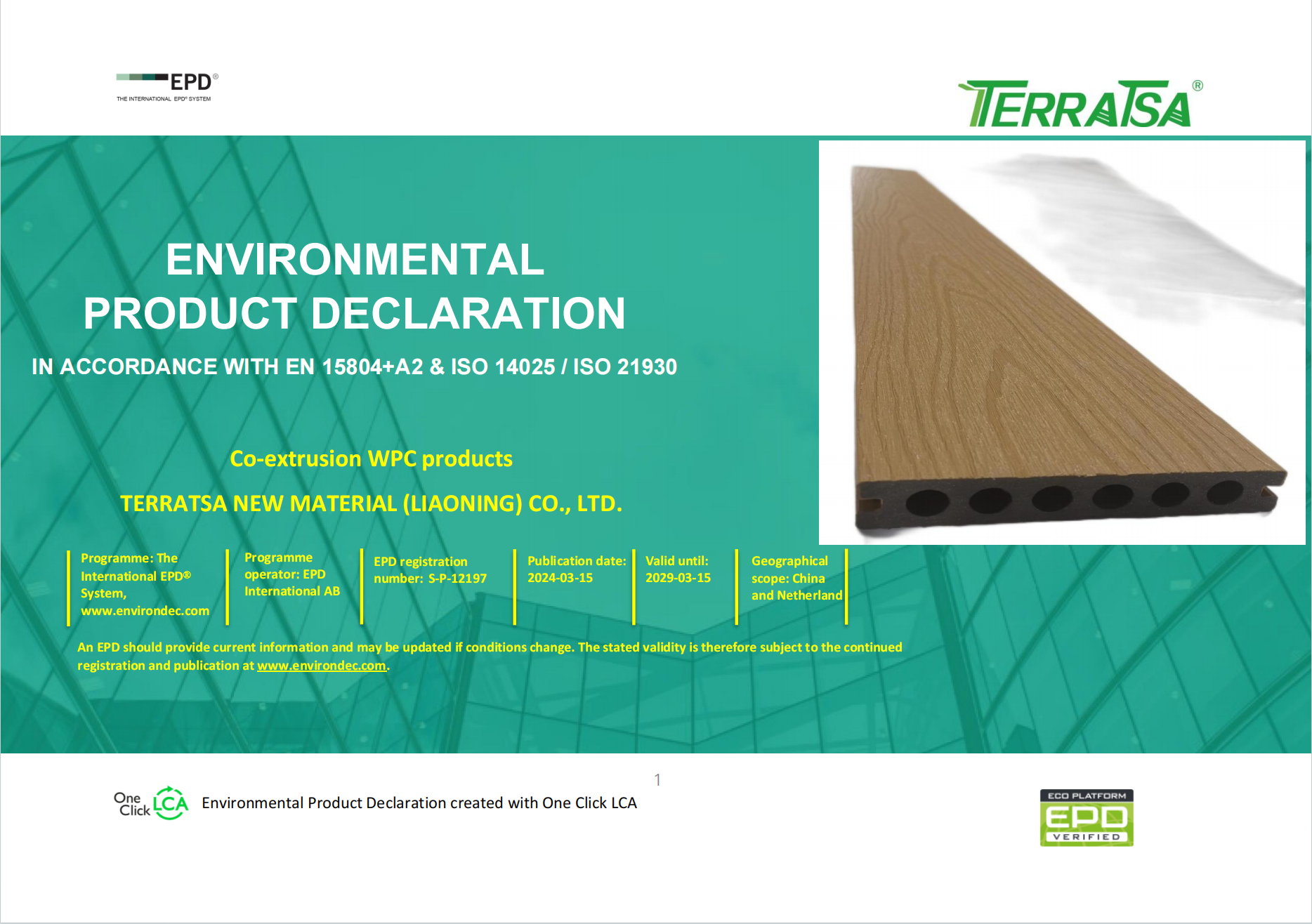 Environmental Product Declaration certificate for Terratsa WPC products