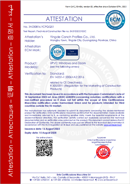 ECM Attestation certificate for UPVC windows and doors