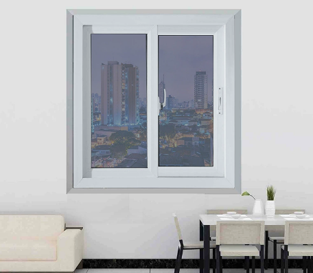 60-Series UPVC sliding window assembly showing sash track and frame profile