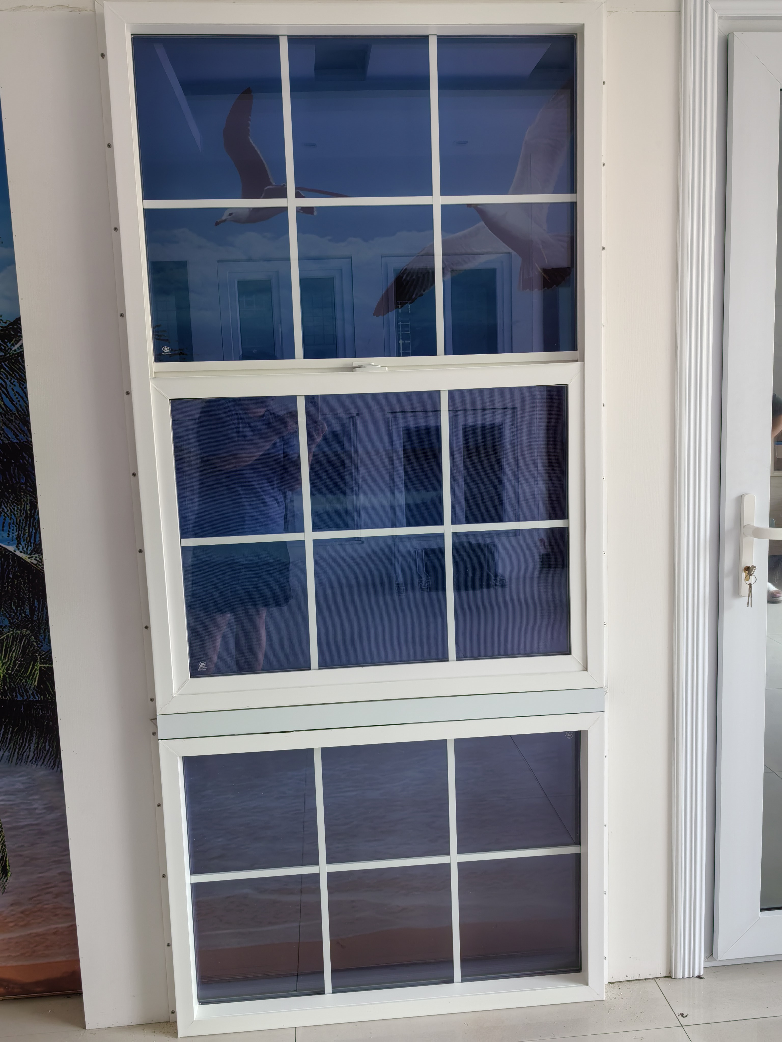 UPVC 82-series American-style single hung window showing opening type and seal geometry