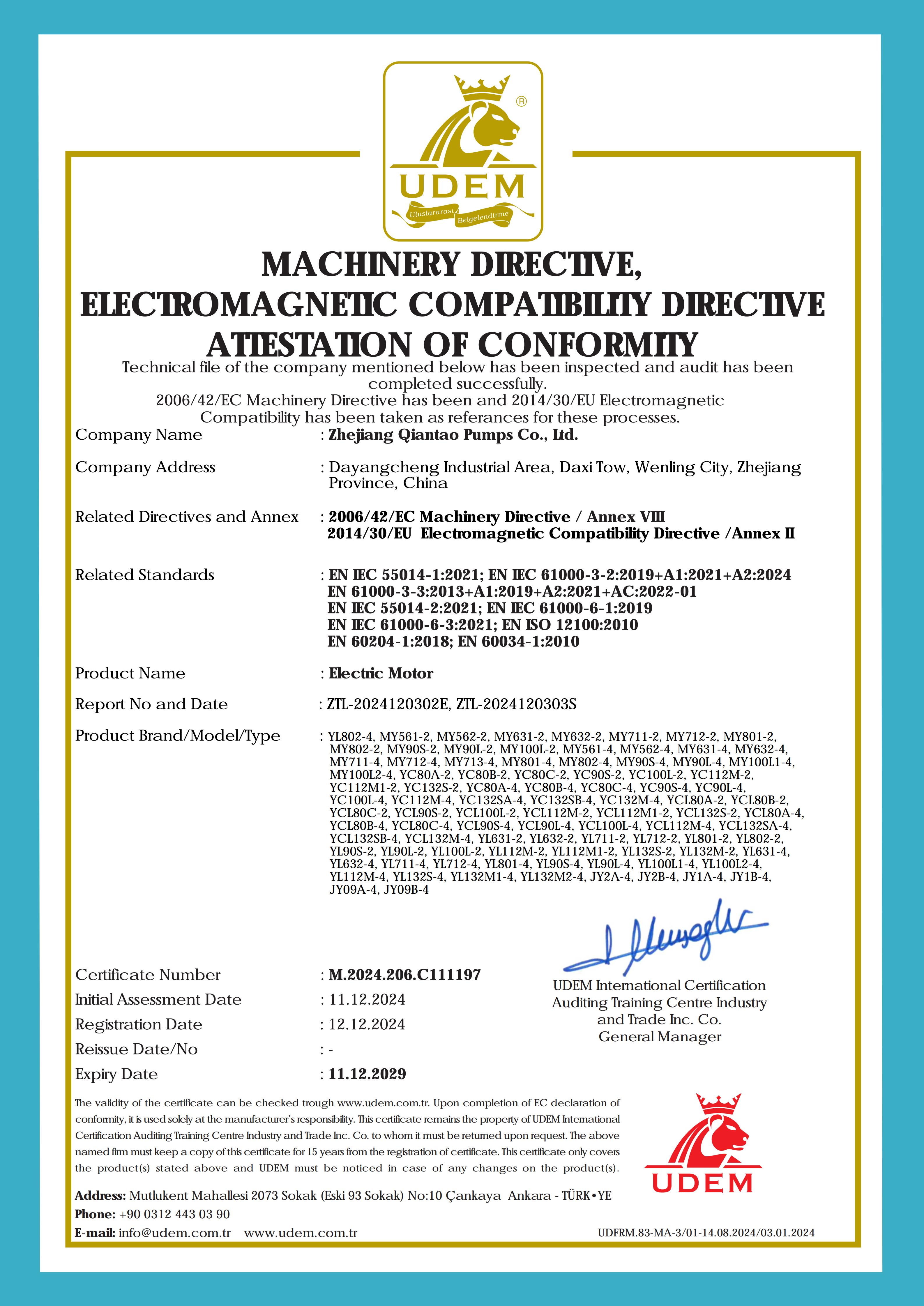 CE Attestation of Conformity for Electric Motor