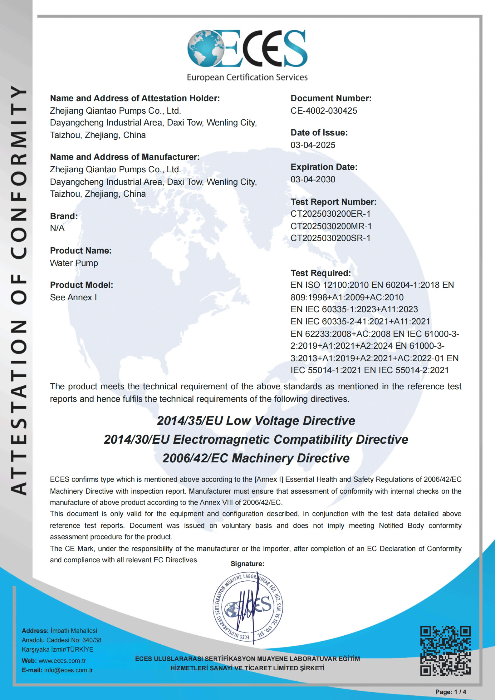 CE Attestation of Conformity for Water Pump