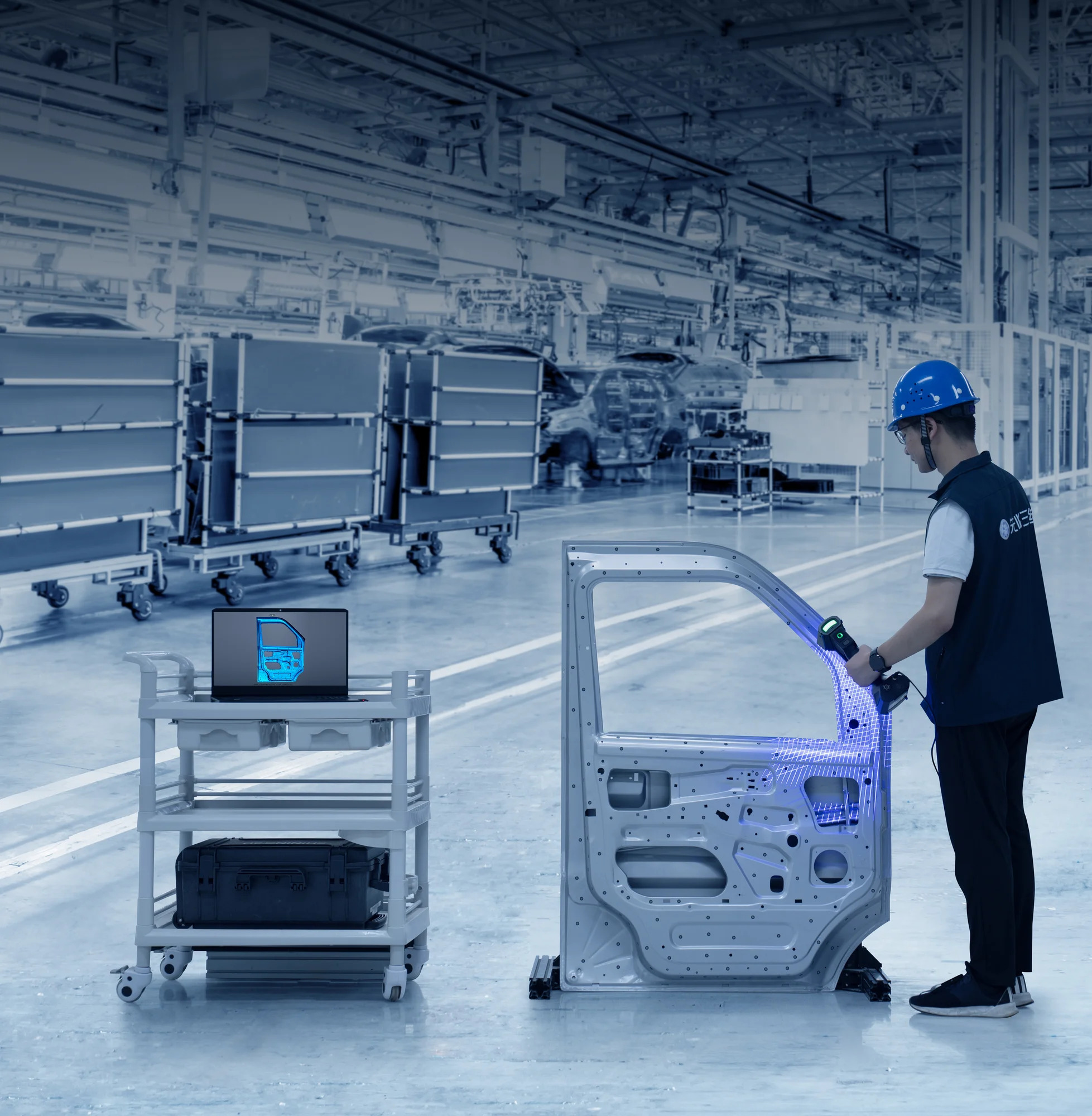 3D scanner performing stamping die inspection for quality control in automotive manufacturing