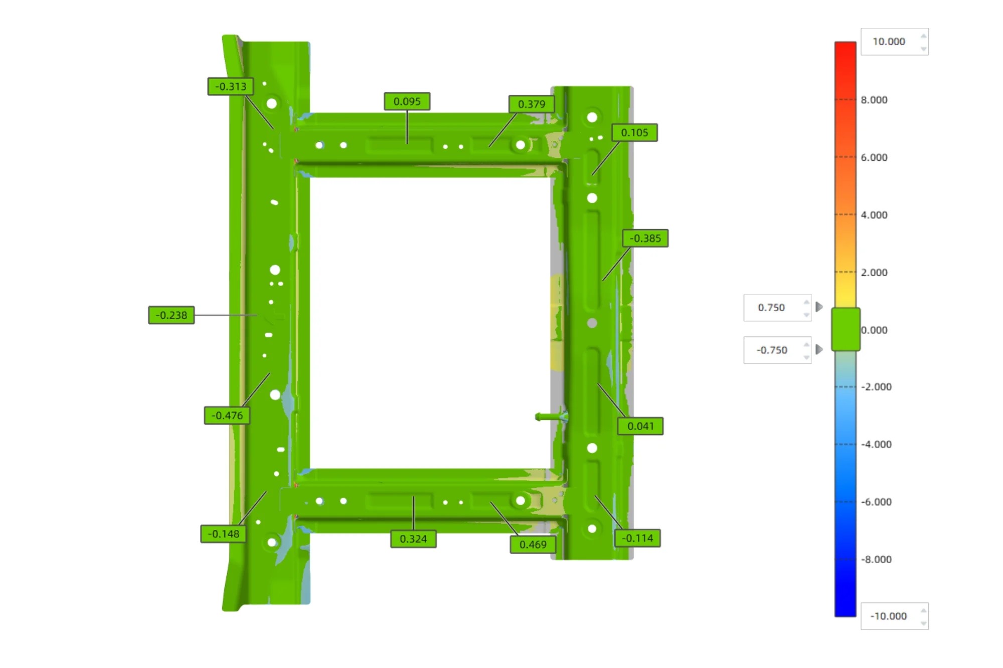 3D inspection result showing scanned part data aligned to CAD for dimensional deviation analysis