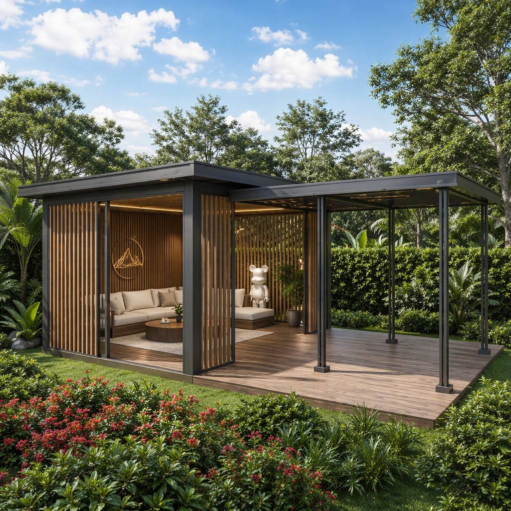 Installed aluminum louvered pergola shading a residential backyard terrace, shown as an industry application scene