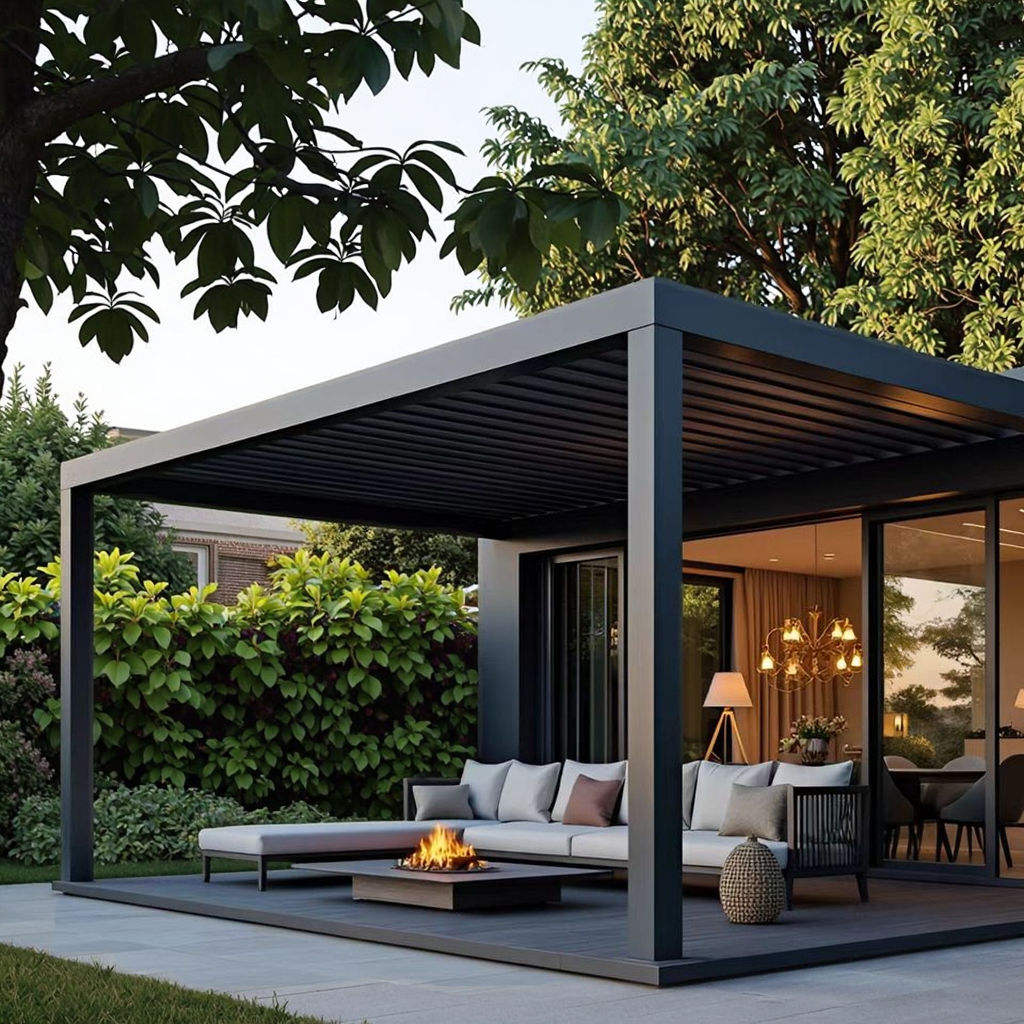 Durable aluminum outdoor living pergola installed for long-term use in a residential landscape
