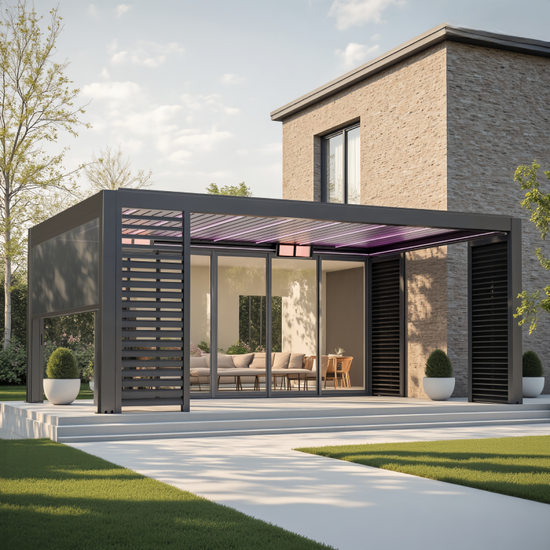 Modern aluminum pergola installation used as a long-duration outdoor living reference