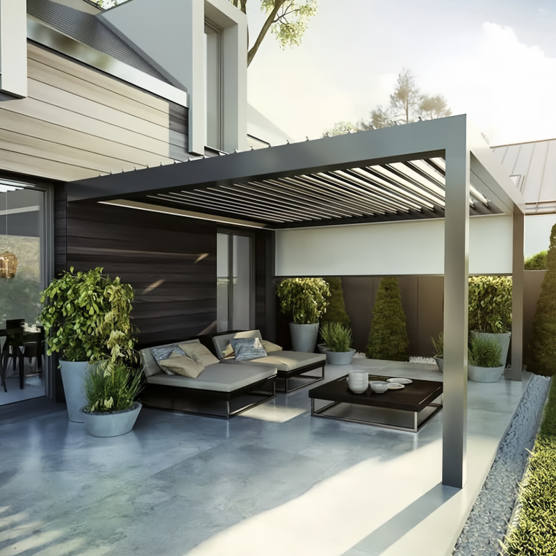 Wall-mounted aluminum bioclimatic pergola fixed to a villa facade in Singapore
