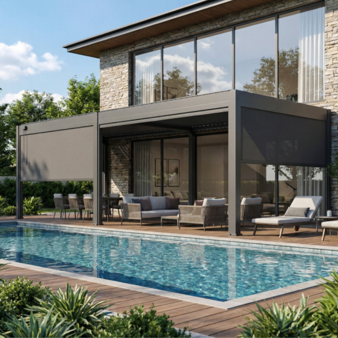 Bioclimatic aluminum pergola with integrated zip screen providing side weather protection