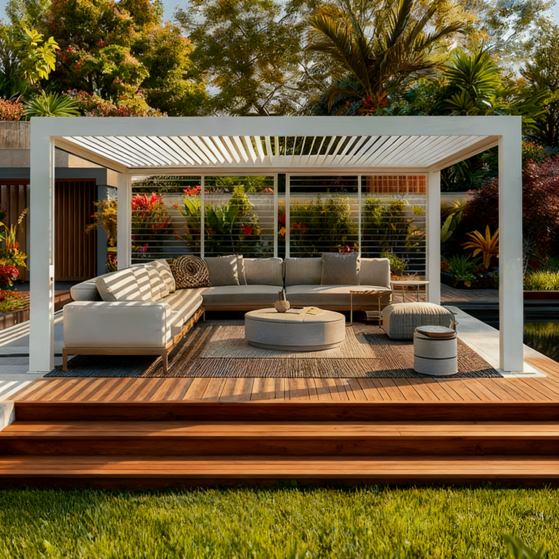 Motorized aluminum louvered pergola installed at an outdoor commercial restaurant terrace