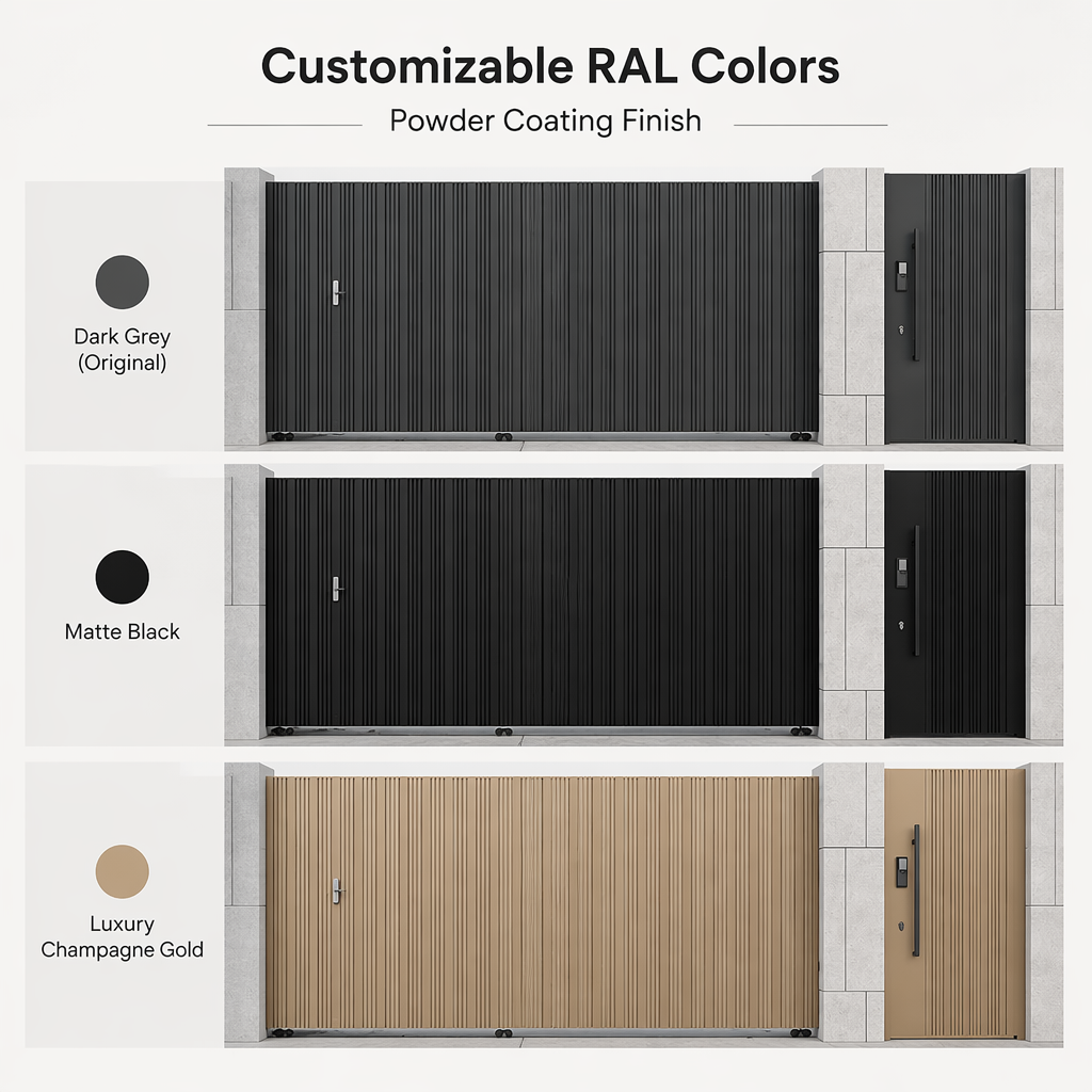 Aluminum bioclimatic pergola, fence and gate delivered as an integrated outdoor living package