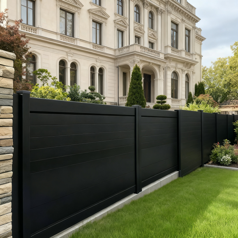 Aluminum safety fence line installed along an institutional site perimeter in France