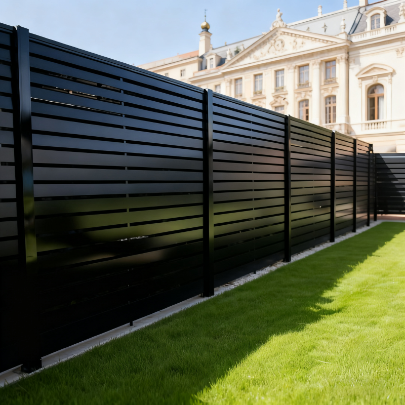 Full privacy horizontal slat aluminum fence installed in the United States