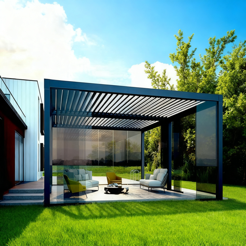 Aluminum bioclimatic pergola installed in a villa garden as part of an outdoor living bundle
