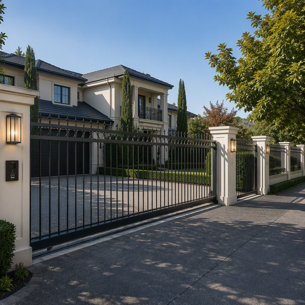 Automatic sliding aluminum fence gate controlling vehicle access at a site entrance