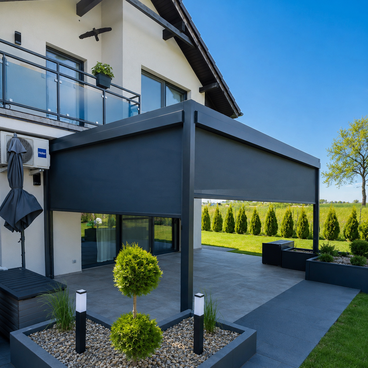 Windproof and waterproof motorized aluminum pergola installed for a residential project in Switzerland