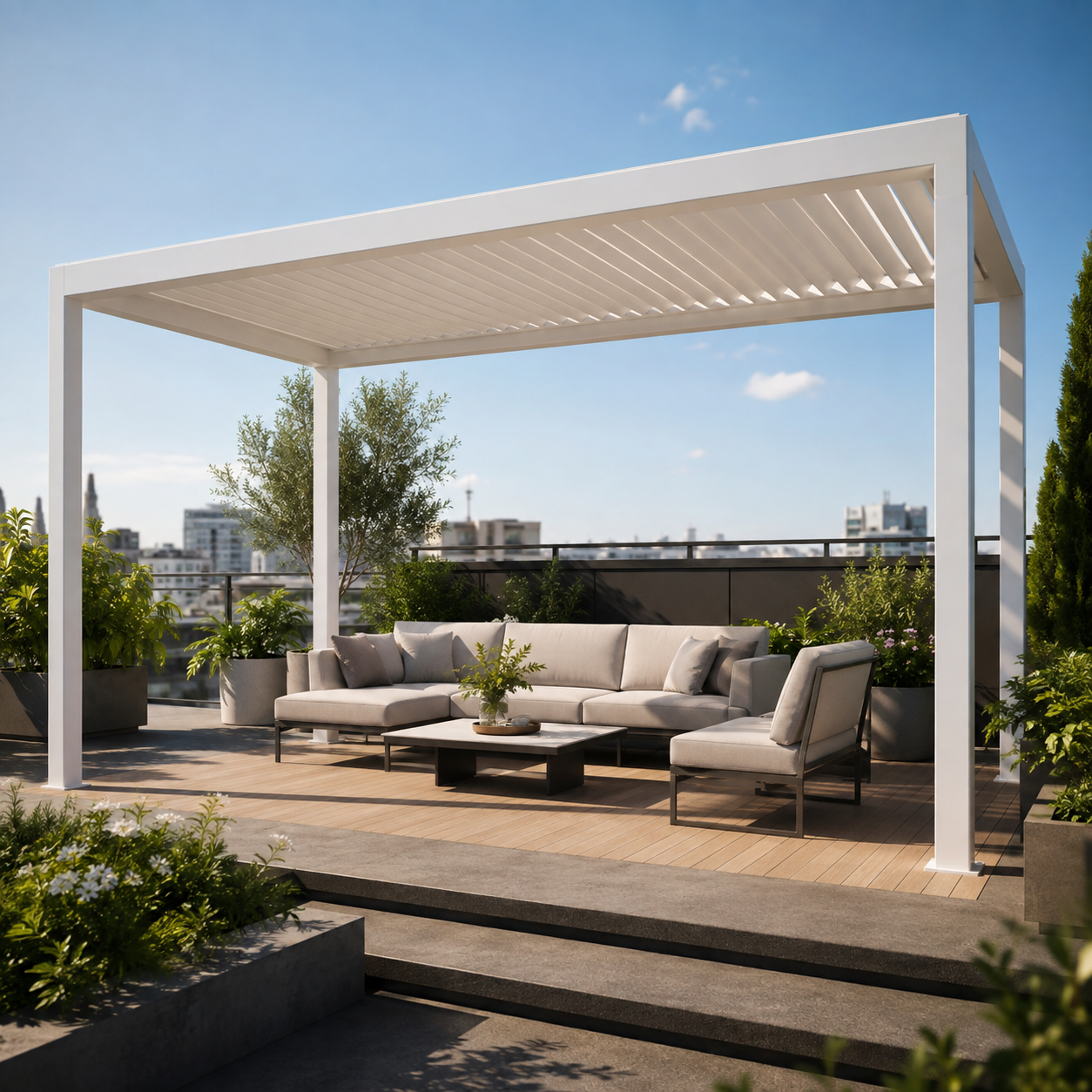 Aluminum louvered pergola used as a year-round outdoor living structure