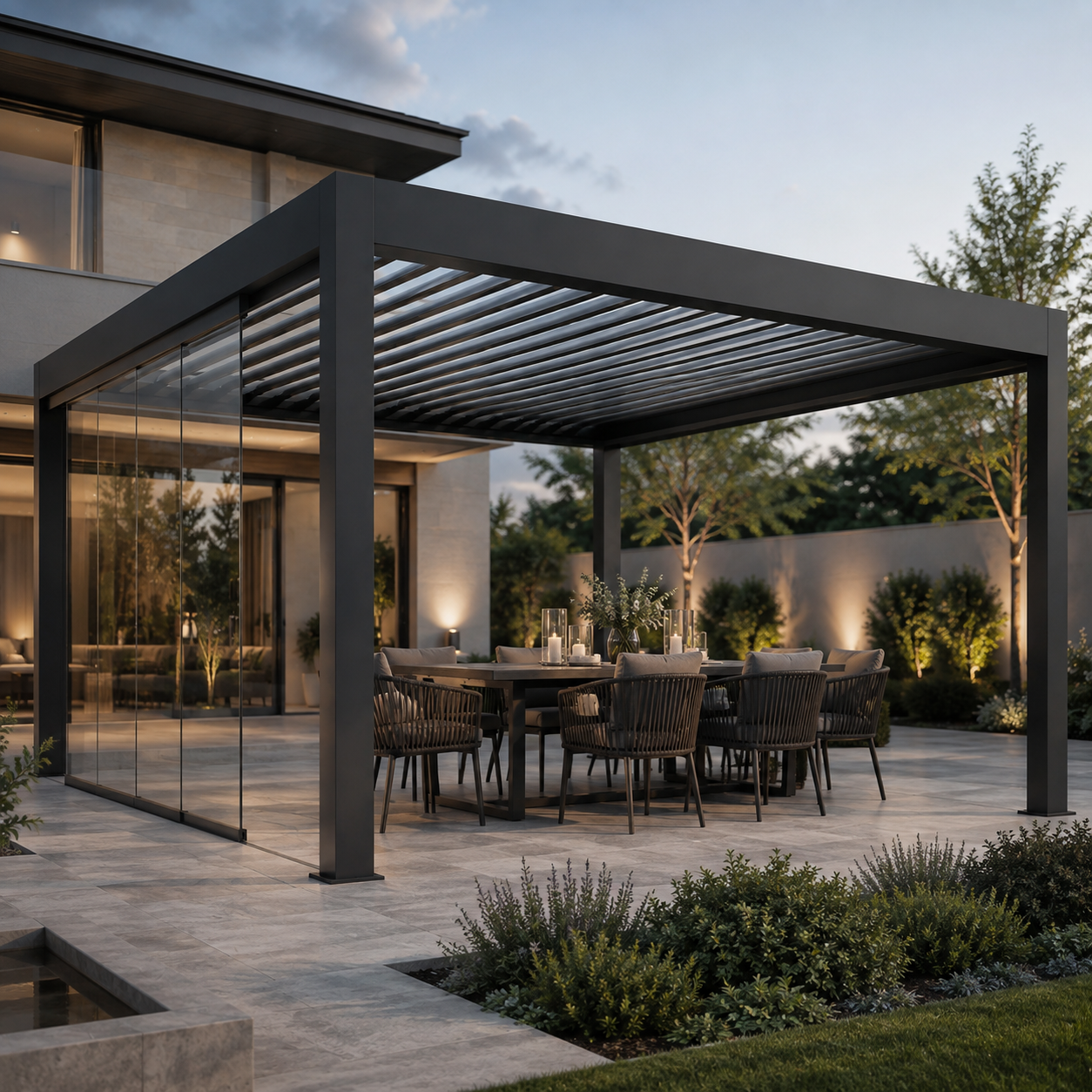 bioclimatic aluminum pergola with glass door