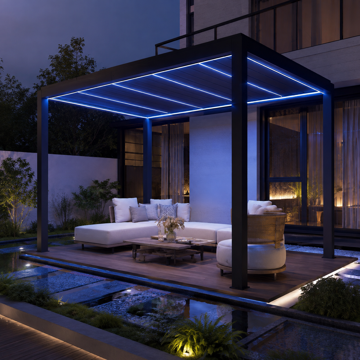 Motorized louvered aluminum pergola with integrated LED lighting