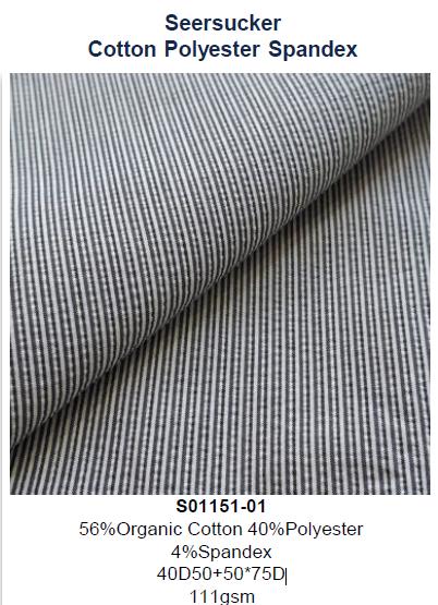 S01151-01 56% Organic Cotton 40% Polyester 4% Spandex Seersucker