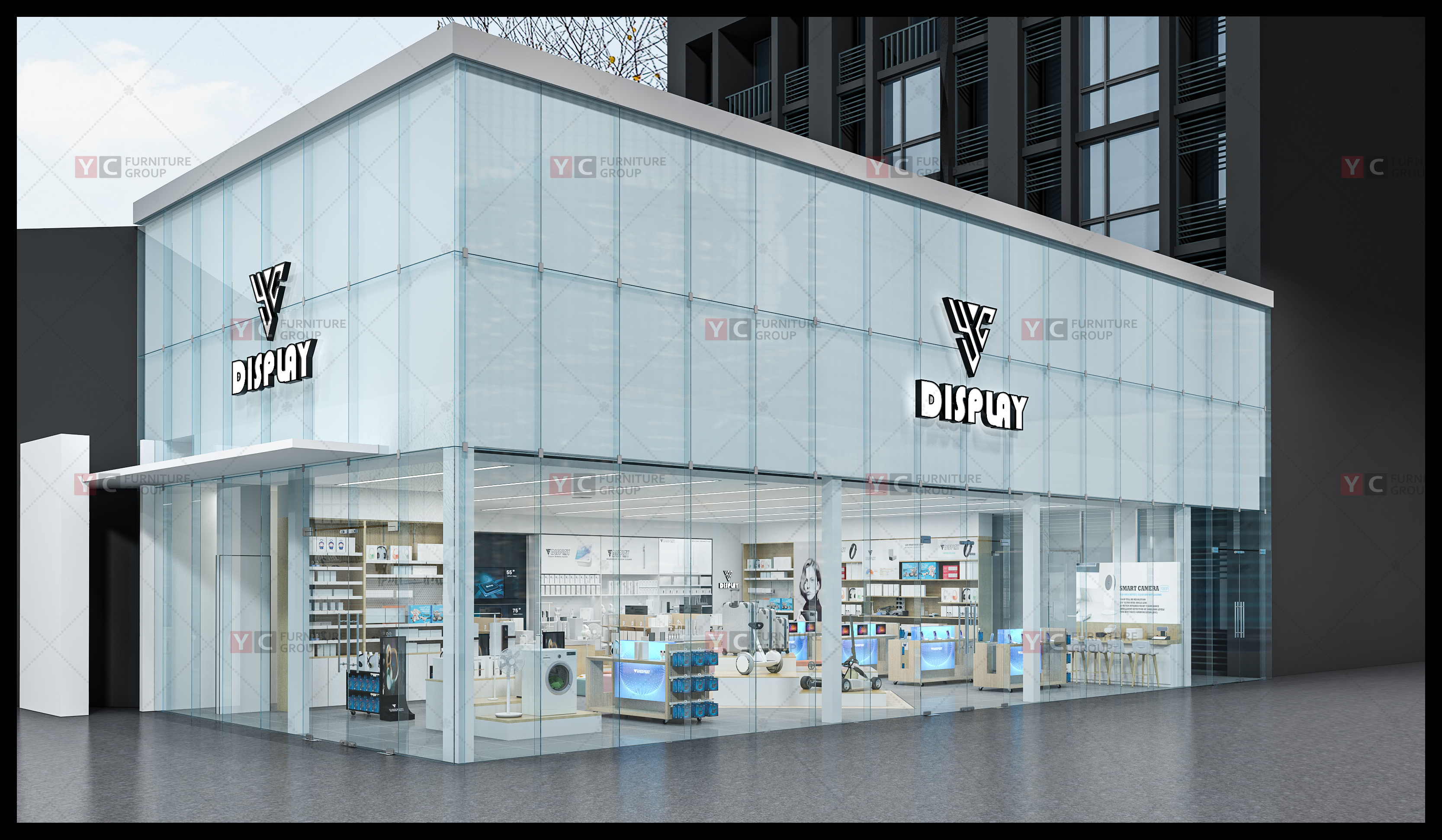Consumer electronics retail store environment with in-store display merchandising