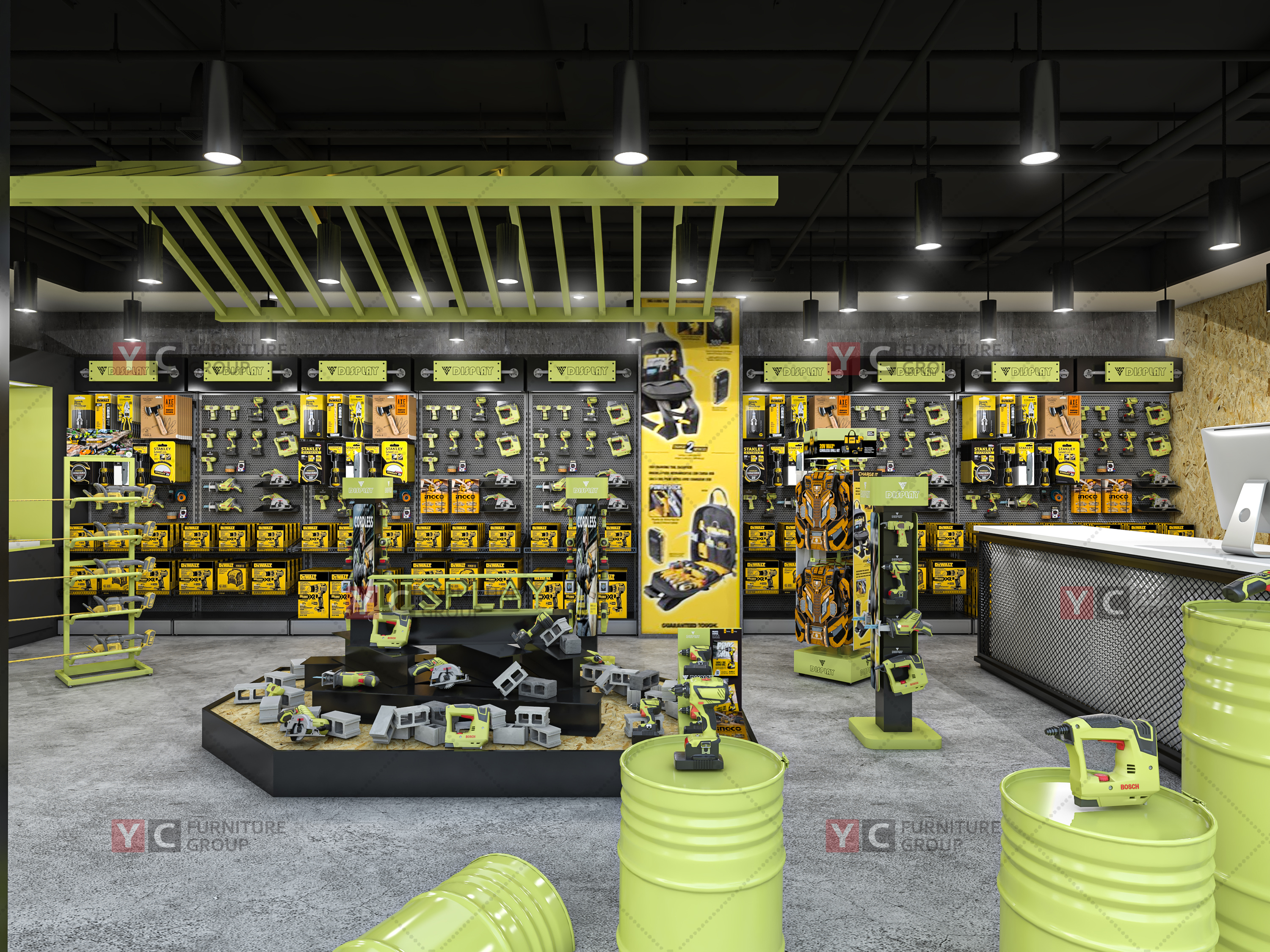 High-traffic tool retail environment using floor-standing point-of-purchase display fixtures