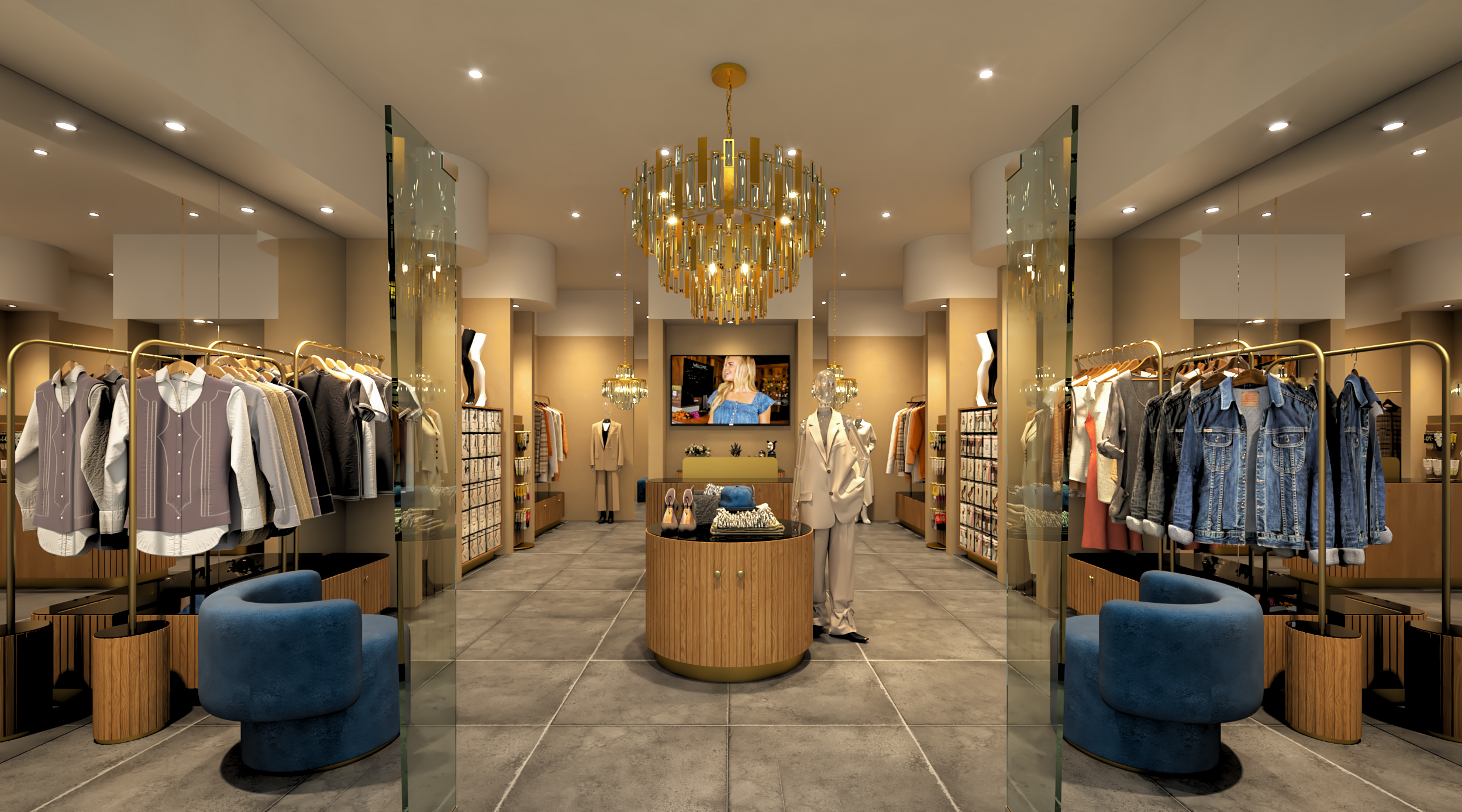Formalwear retail store scene showing apparel displayed on point-of-purchase fixtures