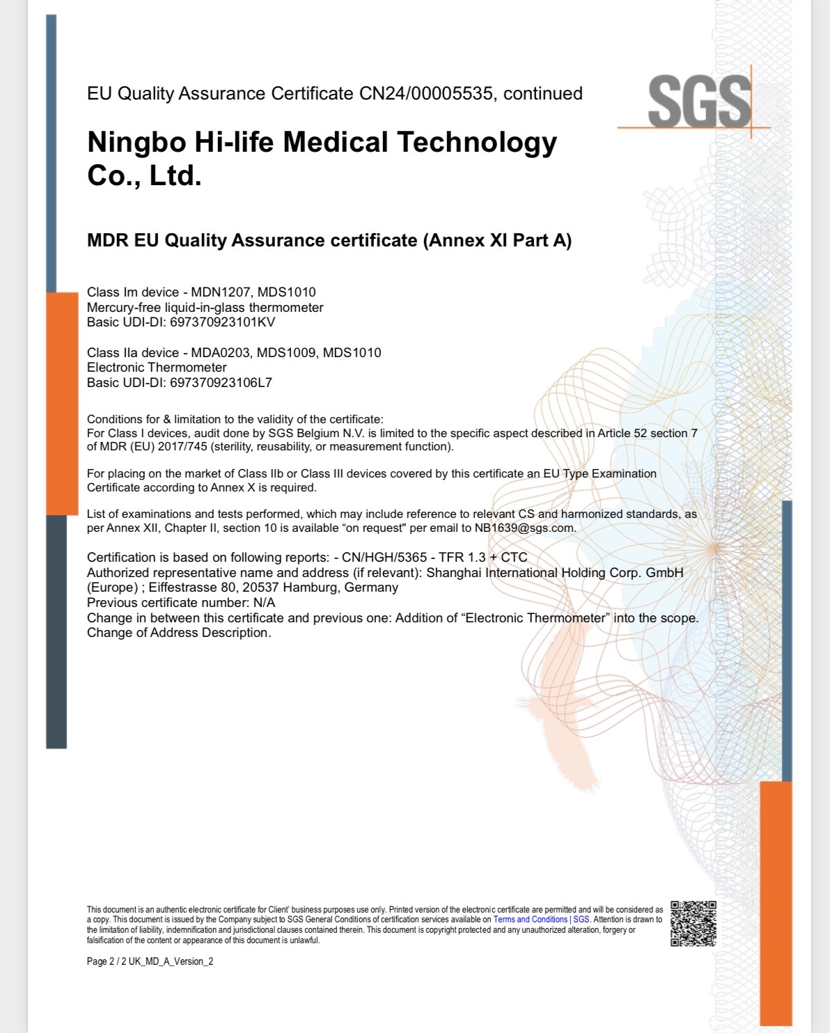 CE MDR certificate for clinical thermometers issued by SGS