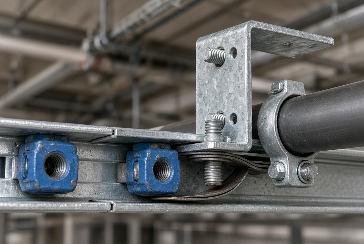 Industrial support applications using strut channel, spring nuts and threaded rods
