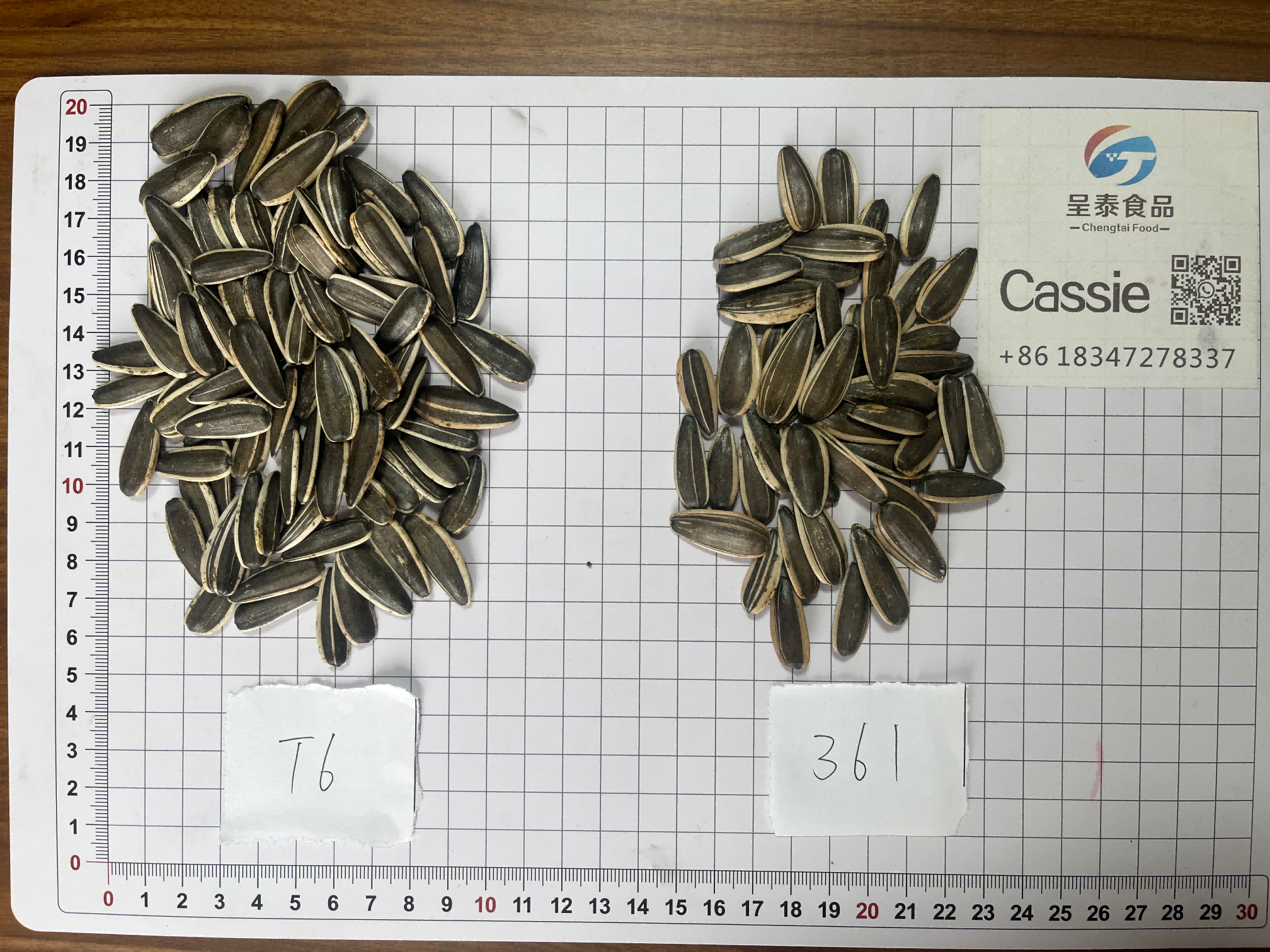 Comparison chart of sunflower seeds T6 and 361 showing elongated black seeds versus round thin-shelled seeds