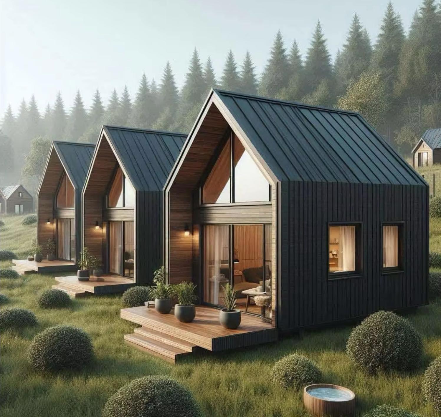 Wooden modular houses used in a resort environment