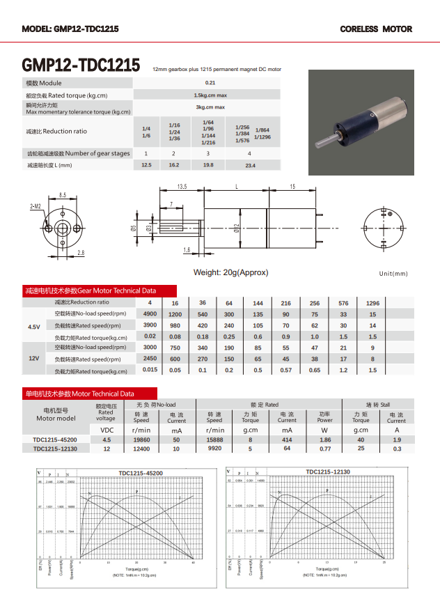 GMP12T-TDC1215 coreless gear motor documented parameter table