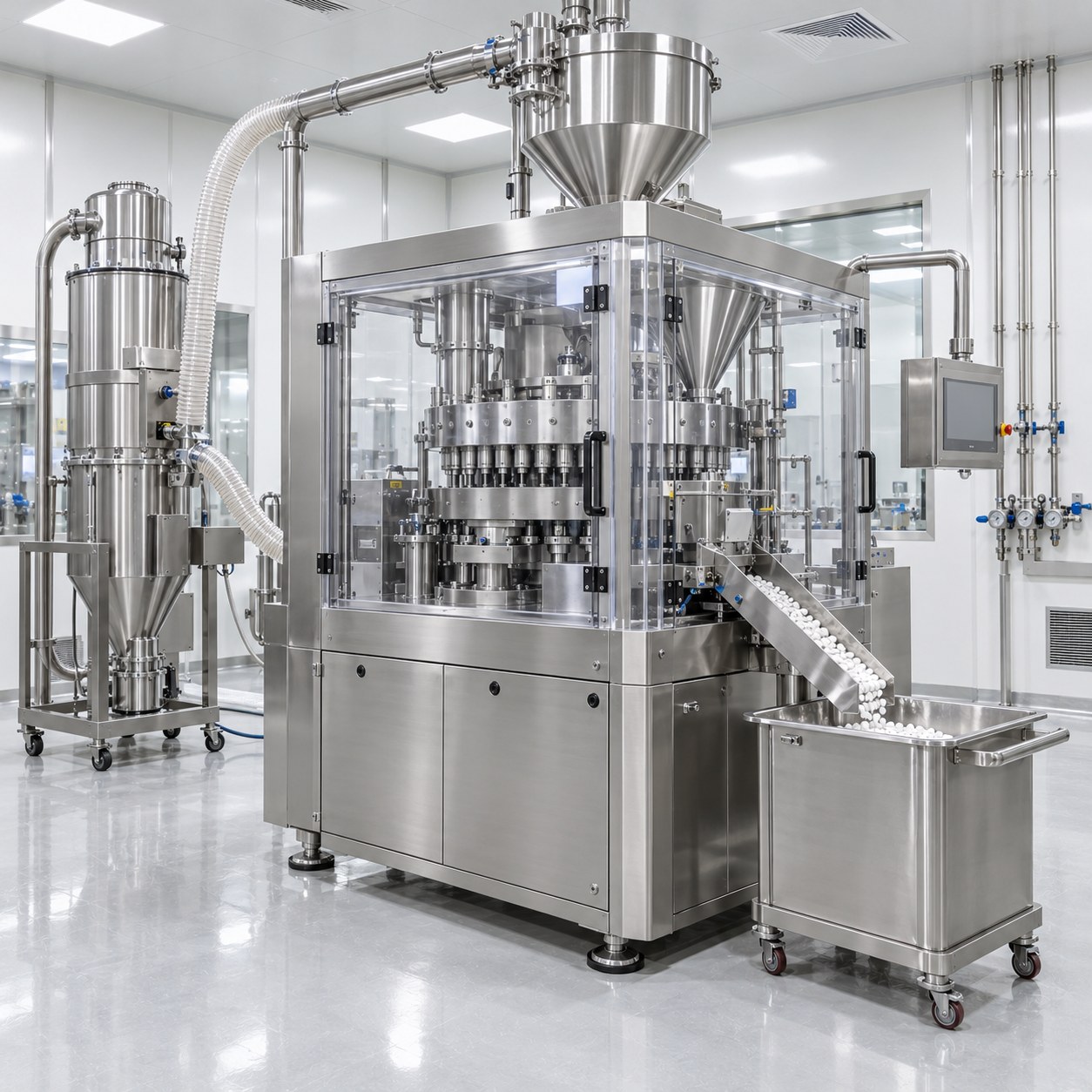 High-speed pharmaceutical tablet production line with rotary tablet press and dust extraction